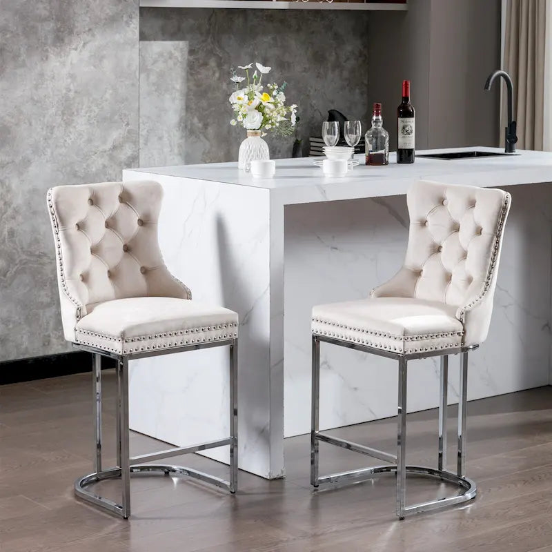 Modern 25 Set of 2 Bar Stools with Buttoned Back Studded Trim Chrome Metal Base Legs, for Dining Room Living Room and Bedroom