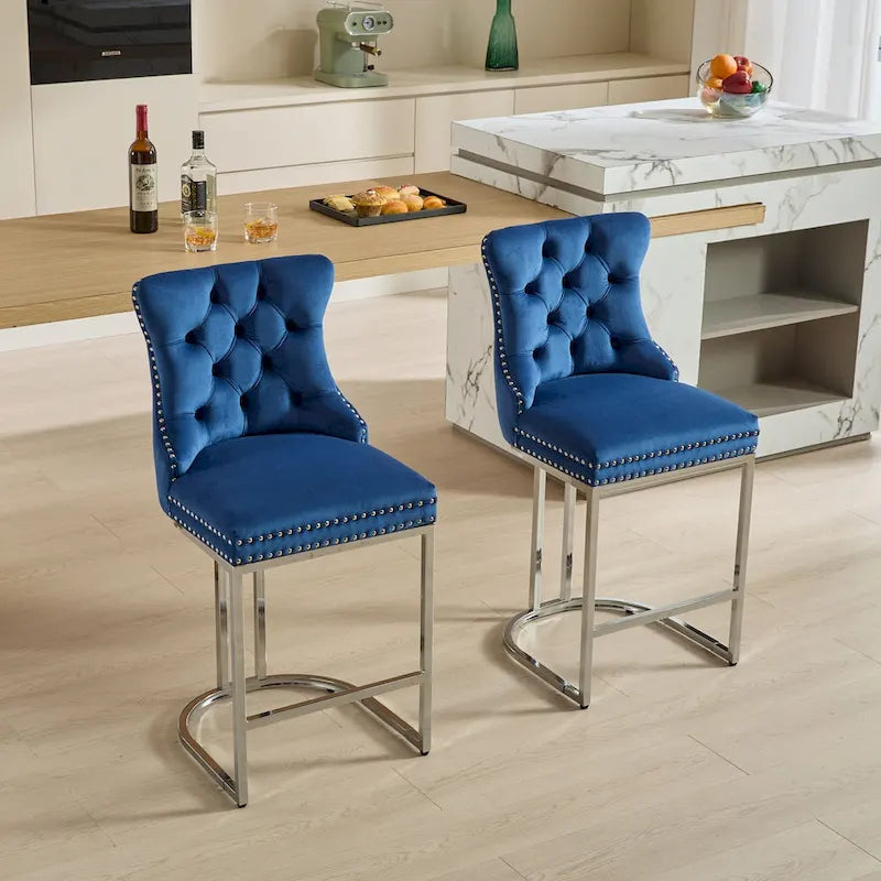 Modern 25 Set of 2 Bar Stools with Buttoned Back Studded Trim Chrome Metal Base Legs, for Dining Room Living Room and Bedroom