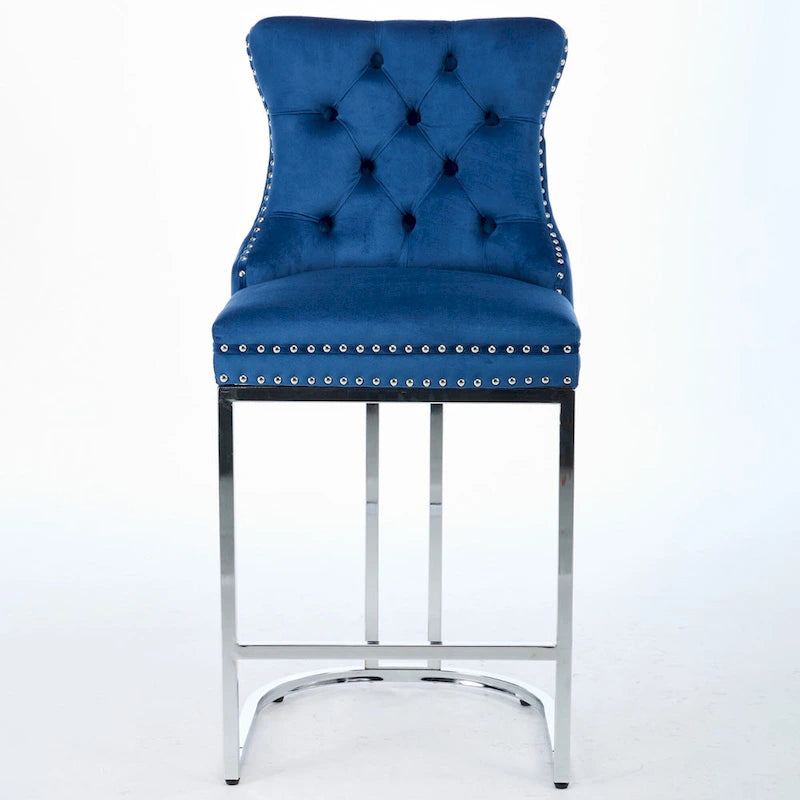 Modern 25 Set of 2 Bar Stools with Buttoned Back Studded Trim Chrome Metal Base Legs, for Dining Room Living Room and Bedroom