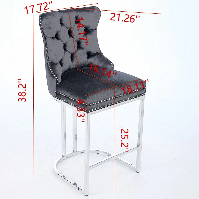 Modern 25 Set of 2 Bar Stools with Buttoned Back Studded Trim Chrome Metal Base Legs, for Dining Room Living Room and Bedroom