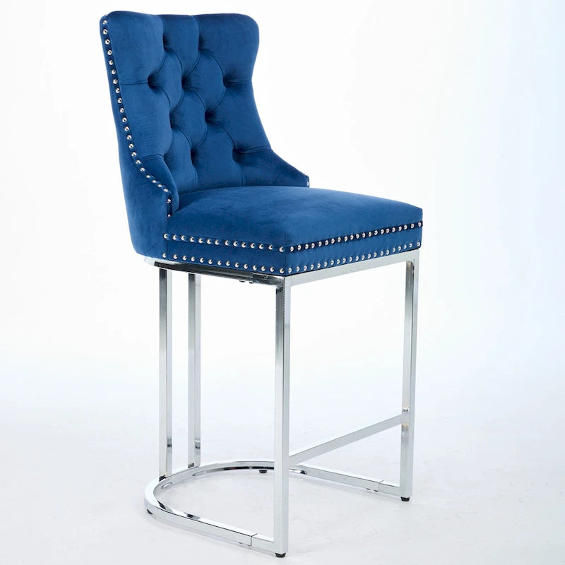 Modern 25 Set of 2 Bar Stools with Buttoned Back Studded Trim Chrome Metal Base Legs, for Dining Room Living Room and Bedroom