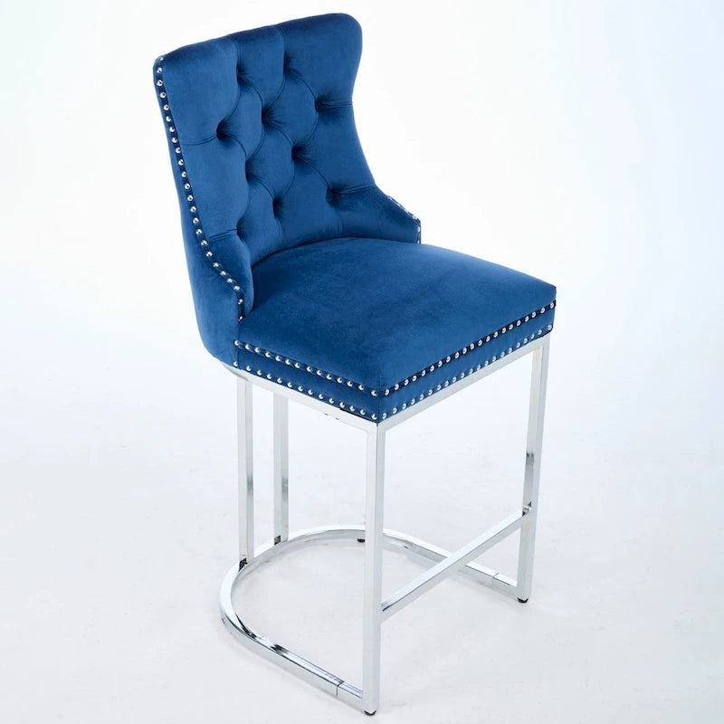 Modern 25 Set of 2 Bar Stools with Buttoned Back Studded Trim Chrome Metal Base Legs, for Dining Room Living Room and Bedroom