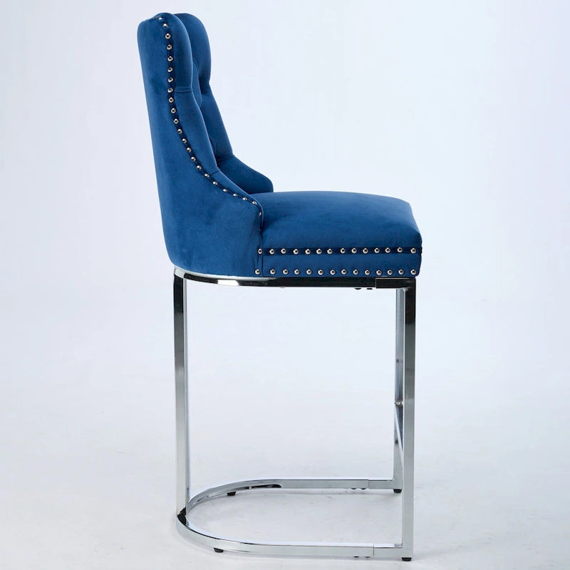 Modern 25 Set of 2 Bar Stools with Buttoned Back Studded Trim Chrome Metal Base Legs, for Dining Room Living Room and Bedroom