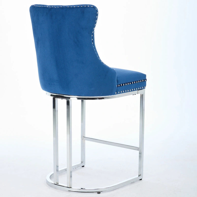 Modern 25 Set of 2 Bar Stools with Buttoned Back Studded Trim Chrome Metal Base Legs, for Dining Room Living Room and Bedroom