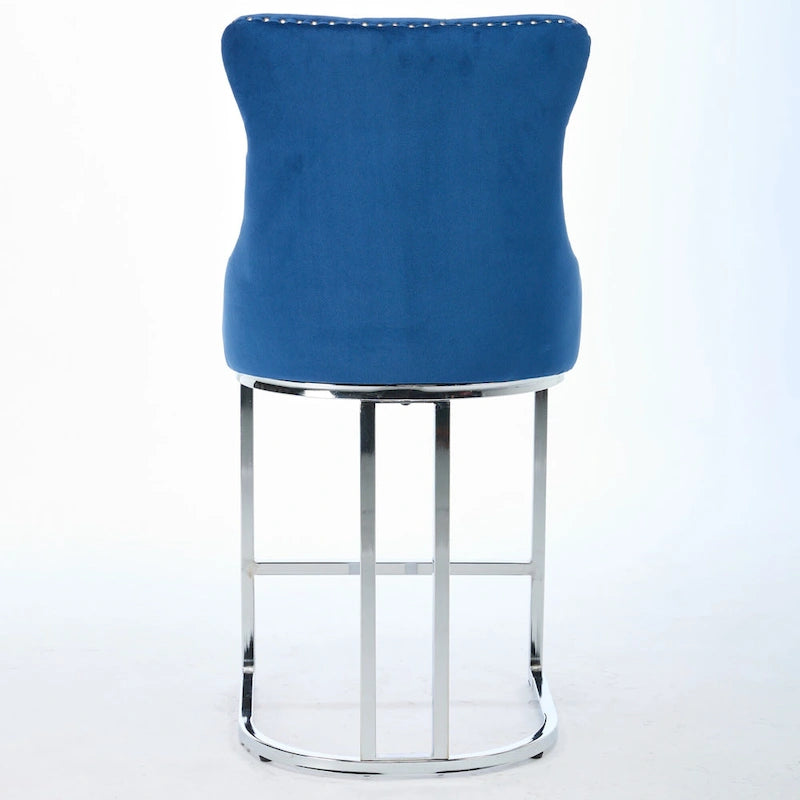 Modern 25 Set of 2 Bar Stools with Buttoned Back Studded Trim Chrome Metal Base Legs, for Dining Room Living Room and Bedroom