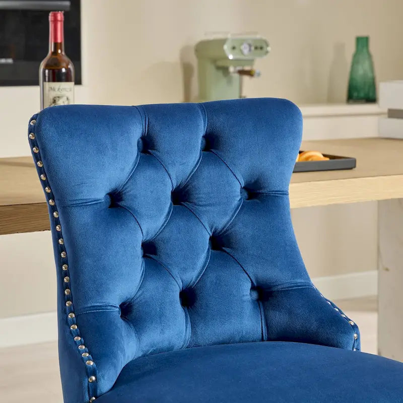 Modern 25 Set of 2 Bar Stools with Buttoned Back Studded Trim Chrome Metal Base Legs, for Dining Room Living Room and Bedroom