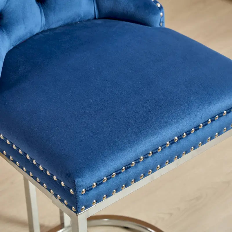 Modern 25 Set of 2 Bar Stools with Buttoned Back Studded Trim Chrome Metal Base Legs, for Dining Room Living Room and Bedroom