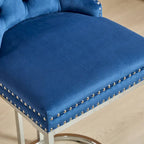 Modern 25 Set of 2 Bar Stools with Buttoned Back Studded Trim Chrome Metal Base Legs, for Dining Room Living Room and Bedroom