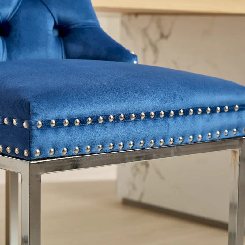 Modern 25 Set of 2 Bar Stools with Buttoned Back Studded Trim Chrome Metal Base Legs, for Dining Room Living Room and Bedroom