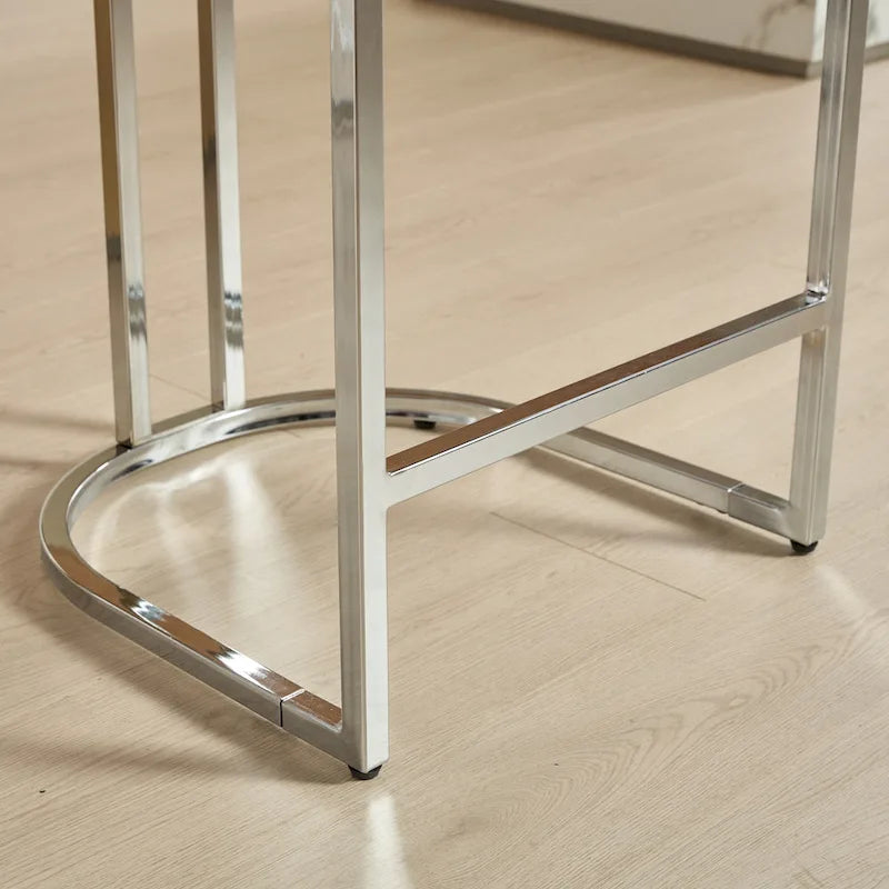 Modern 25 Set of 2 Bar Stools with Buttoned Back Studded Trim Chrome Metal Base Legs, for Dining Room Living Room and Bedroom