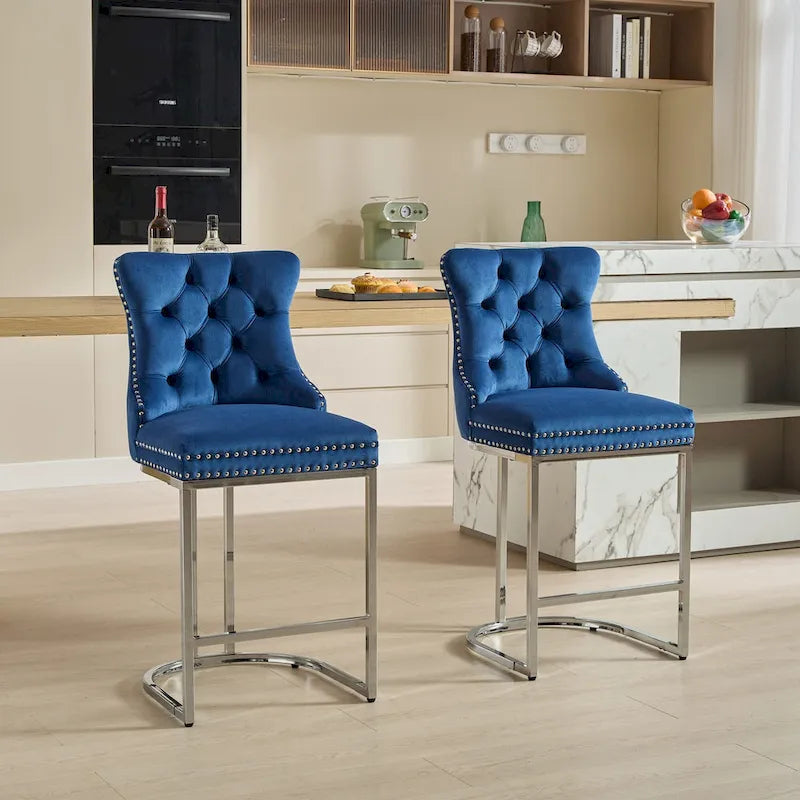 Modern 25 Set of 2 Bar Stools with Buttoned Back Studded Trim Chrome Metal Base Legs, for Dining Room Living Room and Bedroom