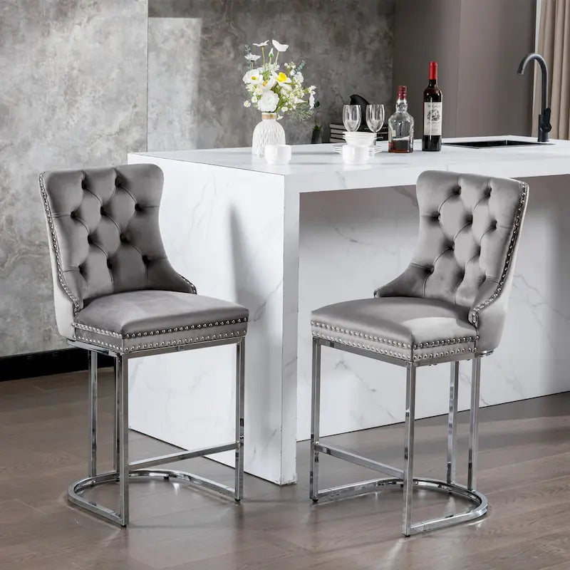 Modern 25 Set of 2 Bar Stools with Buttoned Back Studded Trim Chrome Metal Base Legs, for Dining Room Living Room and Bedroom