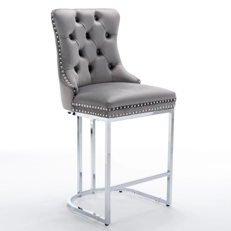 Modern 25 Set of 2 Bar Stools with Buttoned Back Studded Trim Chrome Metal Base Legs, for Dining Room Living Room and Bedroom