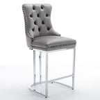 Modern 25 Set of 2 Bar Stools with Buttoned Back Studded Trim Chrome Metal Base Legs, for Dining Room Living Room and Bedroom