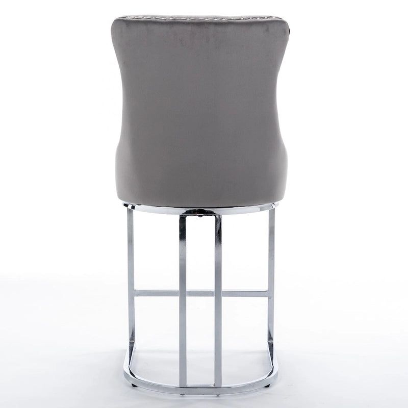Modern 25 Set of 2 Bar Stools with Buttoned Back Studded Trim Chrome Metal Base Legs, for Dining Room Living Room and Bedroom