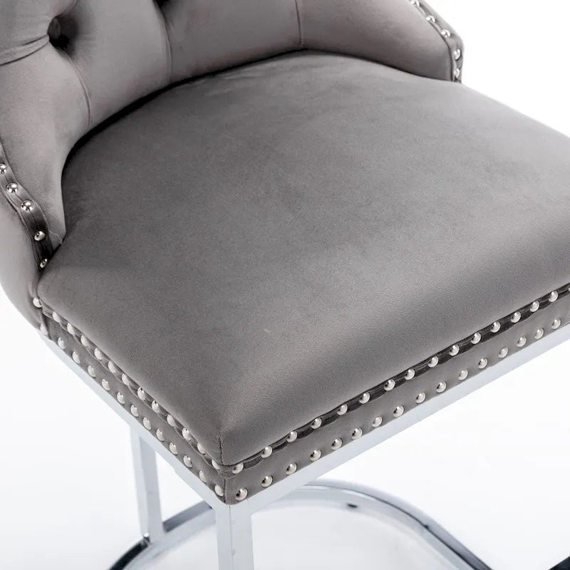Modern 25 Set of 2 Bar Stools with Buttoned Back Studded Trim Chrome Metal Base Legs, for Dining Room Living Room and Bedroom