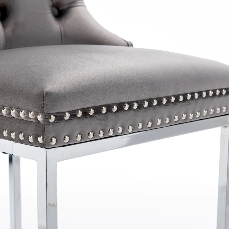 Modern 25 Set of 2 Bar Stools with Buttoned Back Studded Trim Chrome Metal Base Legs, for Dining Room Living Room and Bedroom