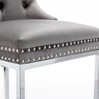 Modern 25 Set of 2 Bar Stools with Buttoned Back Studded Trim Chrome Metal Base Legs, for Dining Room Living Room and Bedroom