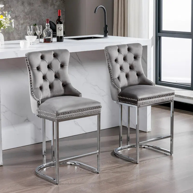 Modern 25 Set of 2 Bar Stools with Buttoned Back Studded Trim Chrome Metal Base Legs, for Dining Room Living Room and Bedroom