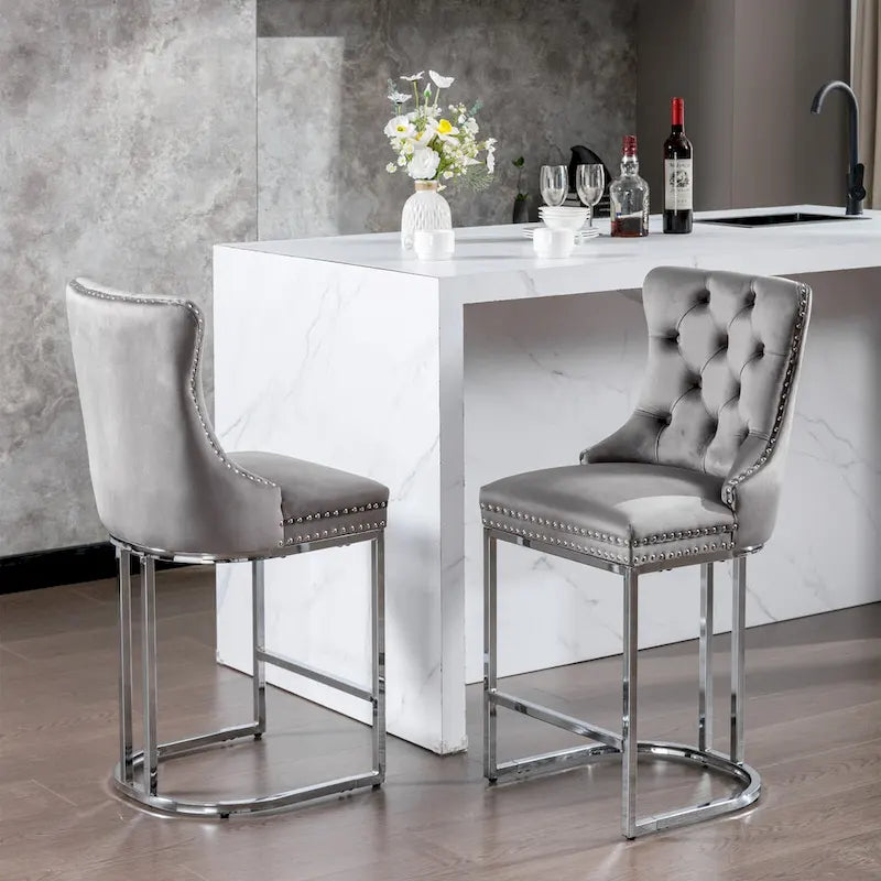 Modern 25 Set of 2 Bar Stools with Buttoned Back Studded Trim Chrome Metal Base Legs, for Dining Room Living Room and Bedroom