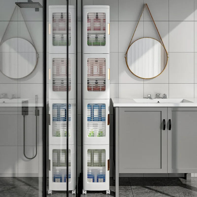 4-Tier Plastic Tall Narrow Storage Cabinet with Movable Wheels, Slim Bathroom Organizers and Storage for Small Space
