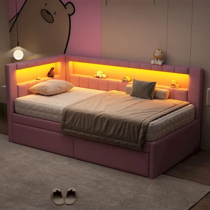 Upholstered Platform Bed with USB Ports & LED Lighting - Full/Twin Size Bed Frame with 2 Storage Drawers - Modern Bedroom