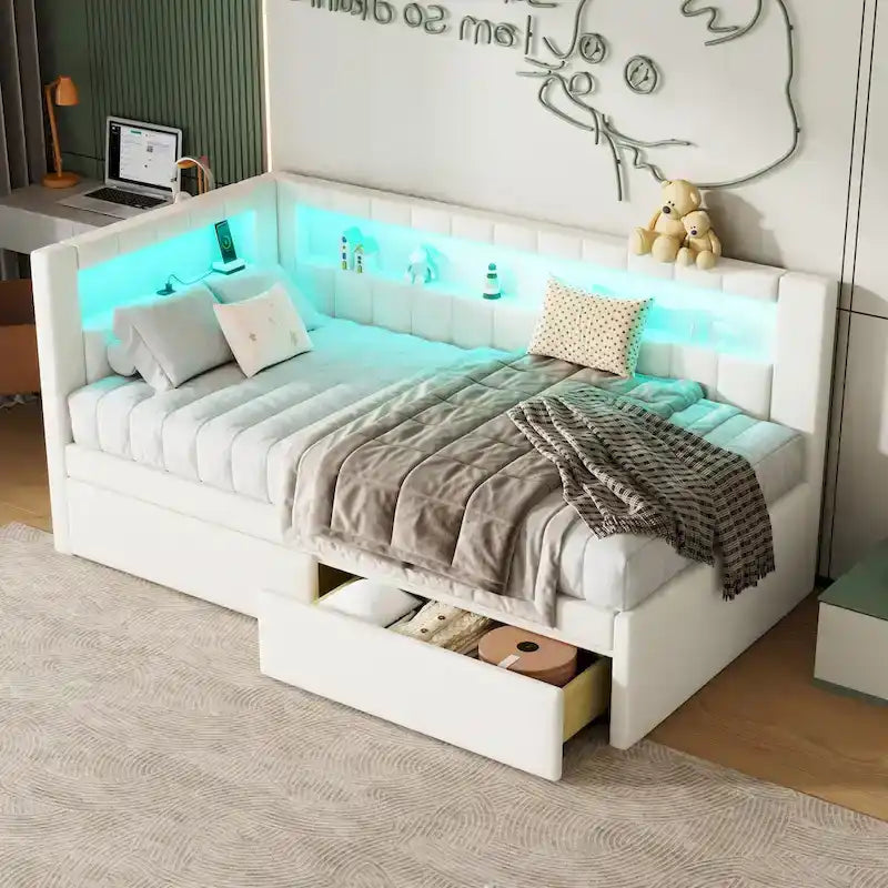 Upholstered Platform Bed with USB Ports & LED Lighting - Full/Twin Size Bed Frame with 2 Storage Drawers - Modern Bedroom