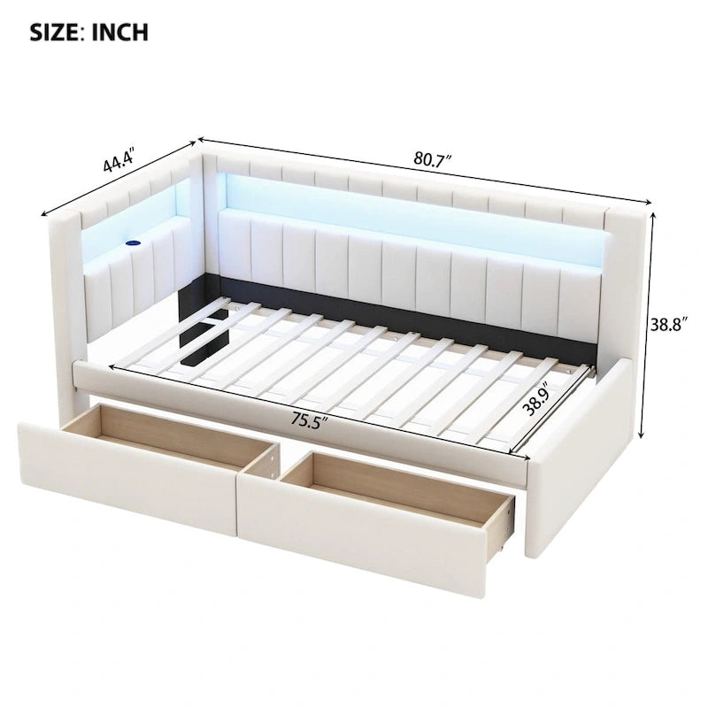 Upholstered Platform Bed with USB Ports & LED Lighting - Full/Twin Size Bed Frame with 2 Storage Drawers - Modern Bedroom