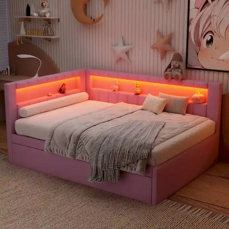 Upholstered Platform Bed with USB Ports & LED Lighting - Full/Twin Size Bed Frame with 2 Storage Drawers - Modern Bedroom