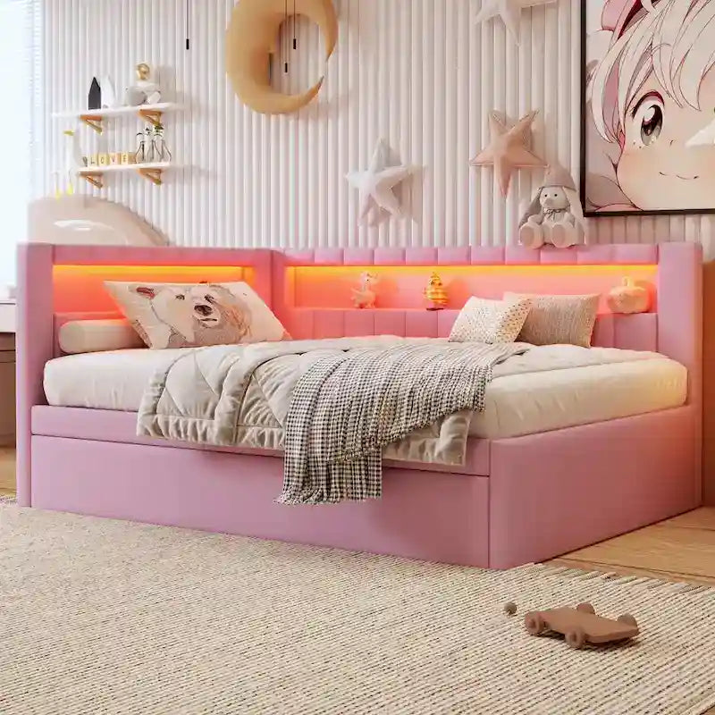 Upholstered Platform Bed with USB Ports & LED Lighting - Full/Twin Size Bed Frame with 2 Storage Drawers - Modern Bedroom