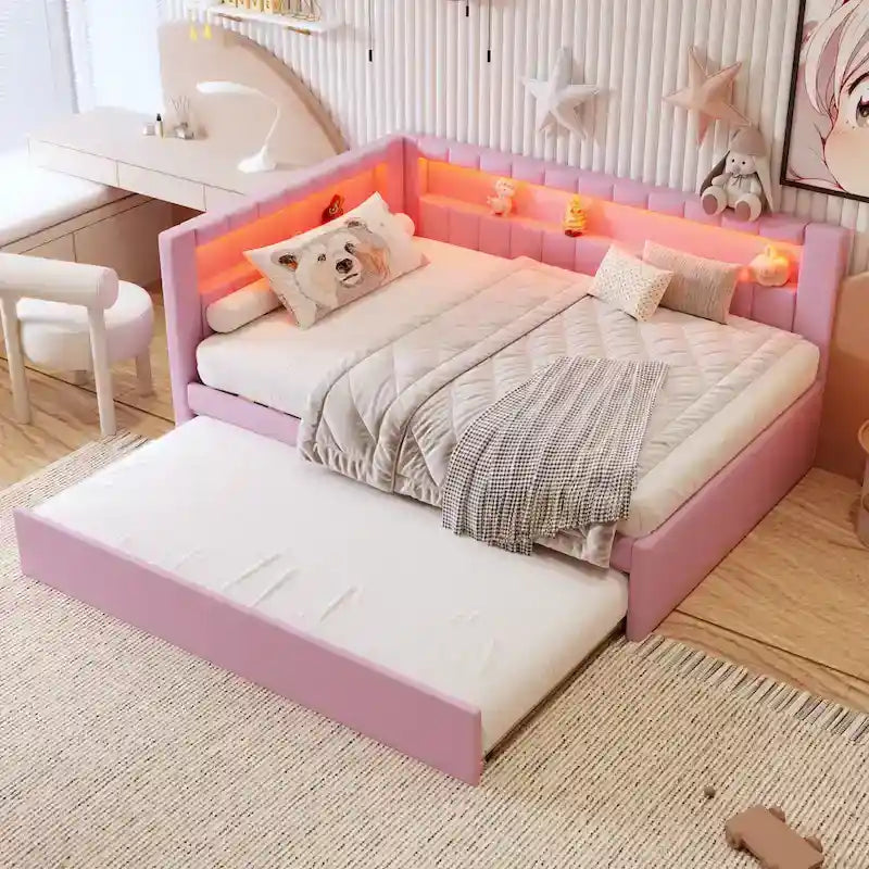 Upholstered Platform Bed with USB Ports & LED Lighting - Full/Twin Size Bed Frame with 2 Storage Drawers - Modern Bedroom