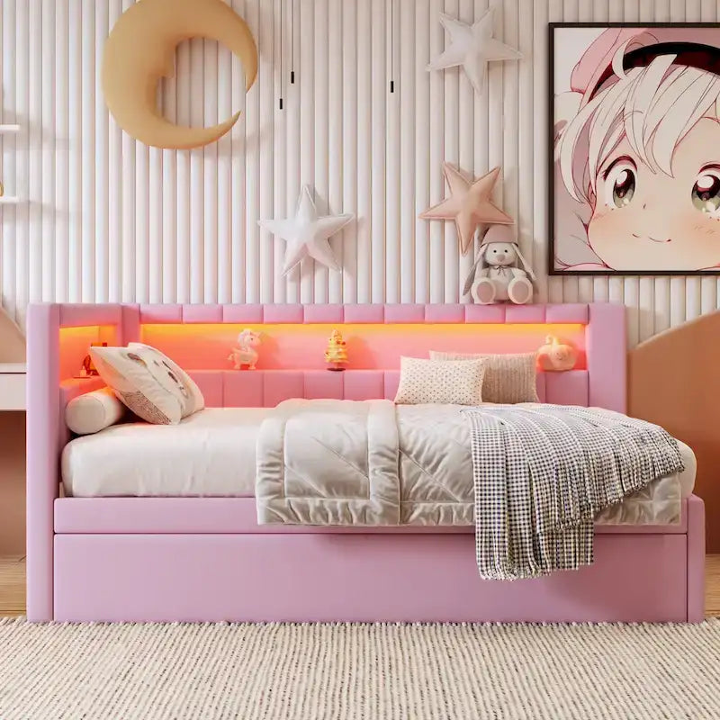 Upholstered Platform Bed with USB Ports & LED Lighting - Full/Twin Size Bed Frame with 2 Storage Drawers - Modern Bedroom