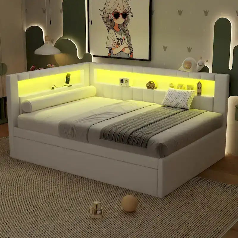 Upholstered Platform Bed with USB Ports & LED Lighting - Full/Twin Size Bed Frame with 2 Storage Drawers - Modern Bedroom