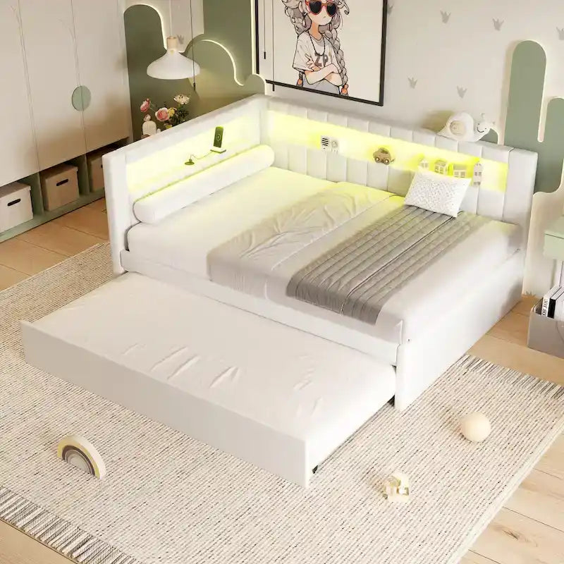Upholstered Platform Bed with USB Ports & LED Lighting - Full/Twin Size Bed Frame with 2 Storage Drawers - Modern Bedroom