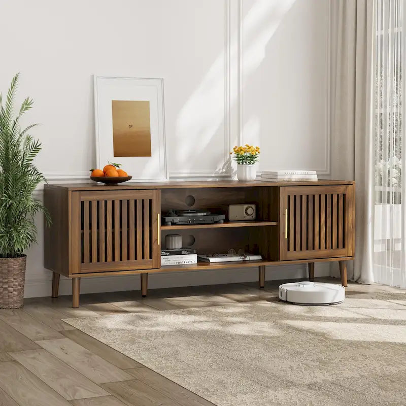 63 inch TV stand with 2 grille door cabinets and adjustable storage rack, Medieval modern TV cabinets with storage space