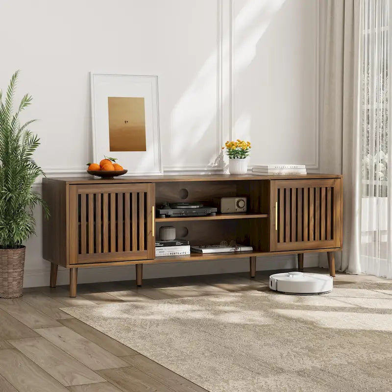 63 inch TV stand with 2 grille door cabinets and adjustable storage rack, Medieval modern TV cabinets with storage space