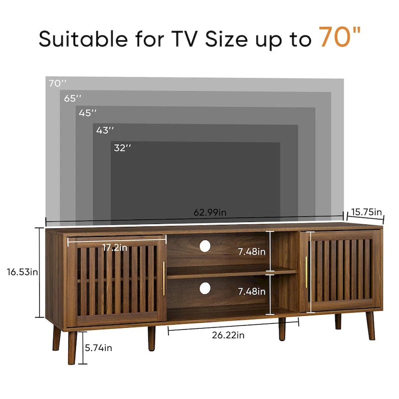 63 inch TV stand with 2 grille door cabinets and adjustable storage rack, Medieval modern TV cabinets with storage space