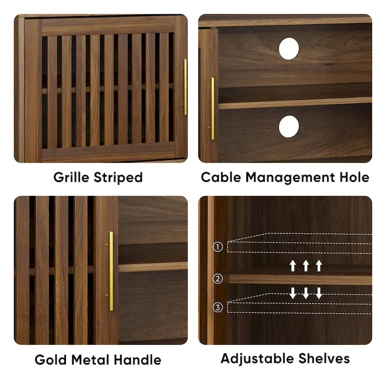 63 inch TV stand with 2 grille door cabinets and adjustable storage rack, Medieval modern TV cabinets with storage space