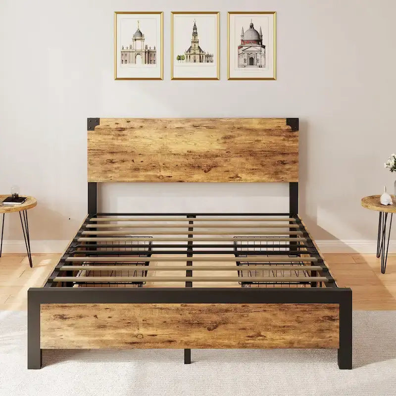 Metal Platform Bed Frame with 4 Storage Drawers,Wooden Headboard
