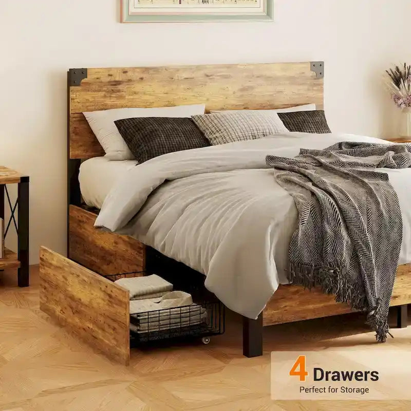 Metal Platform Bed Frame with 4 Storage Drawers,Wooden Headboard