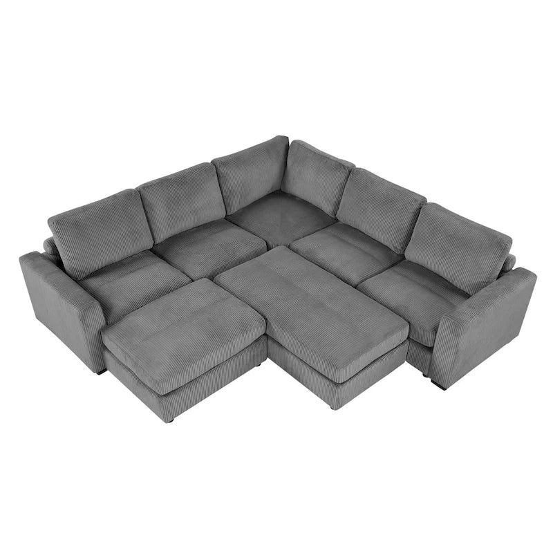 Corduroy Sectional Couch Sofa Bed, Modular Sectional Sofa Sleeper Recliner Sofa Couch with 2 Movable Ottomans for Living Room