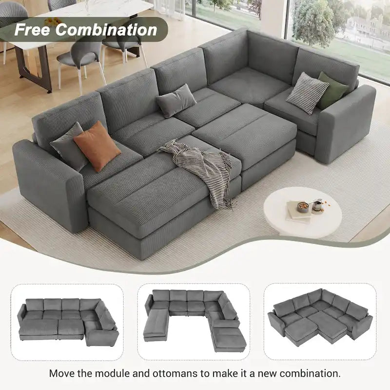 Corduroy Sectional Couch Sofa Bed, Modular Sectional Sofa Sleeper Recliner Sofa Couch with 2 Movable Ottomans for Living Room