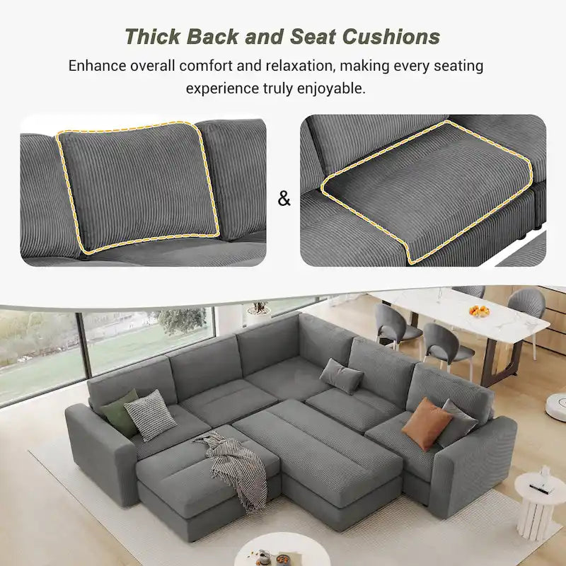 Corduroy Sectional Couch Sofa Bed, Modular Sectional Sofa Sleeper Recliner Sofa Couch with 2 Movable Ottomans for Living Room