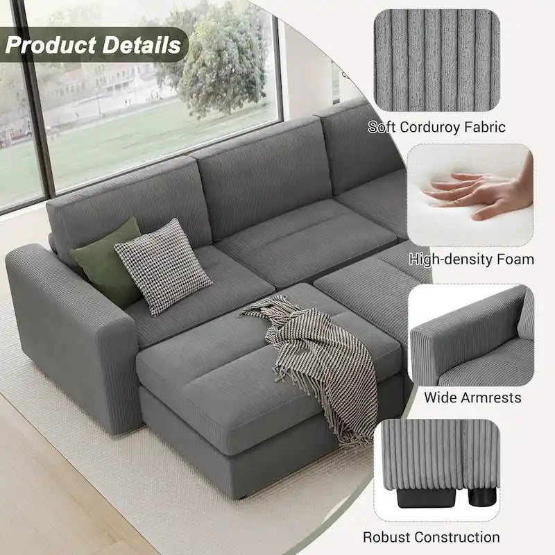 Corduroy Sectional Couch Sofa Bed, Modular Sectional Sofa Sleeper Recliner Sofa Couch with 2 Movable Ottomans for Living Room