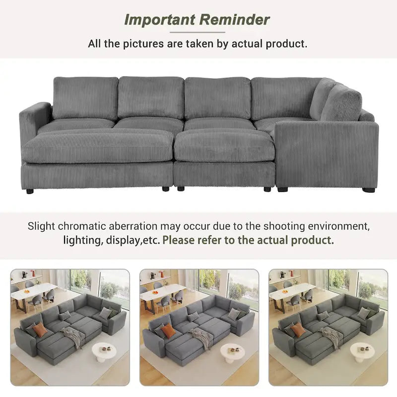 Corduroy Sectional Couch Sofa Bed, Modular Sectional Sofa Sleeper Recliner Sofa Couch with 2 Movable Ottomans for Living Room
