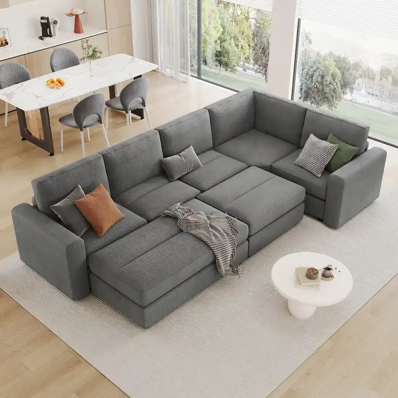 Corduroy Sectional Couch Sofa Bed, Modular Sectional Sofa Sleeper Recliner Sofa Couch with 2 Movable Ottomans for Living Room