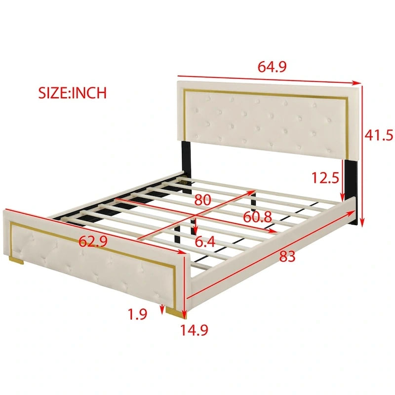 Queen Size Upholstered Platform Bed with Pull Point Headboard
