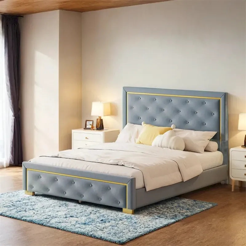 Queen Size Upholstered Platform Bed with Pull Point Headboard