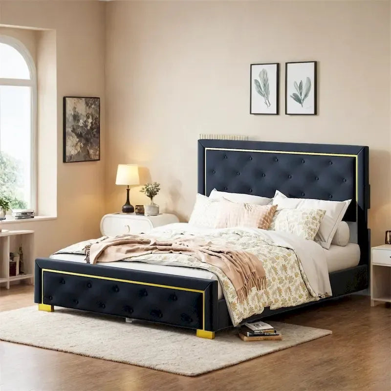 Queen Size Upholstered Platform Bed with Pull Point Headboard