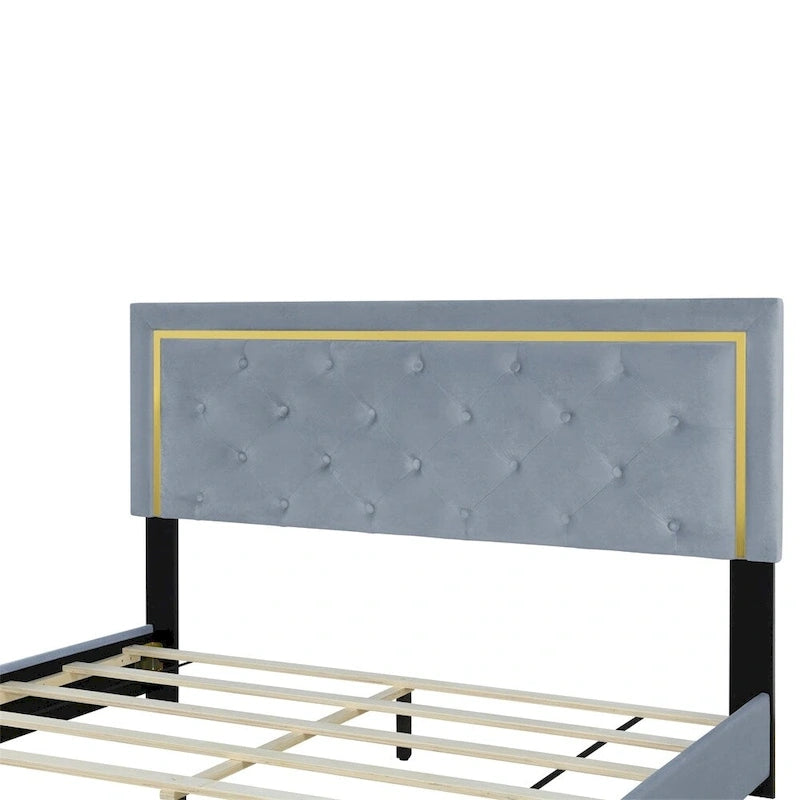 Queen Size Upholstered Platform Bed with Pull Point Headboard